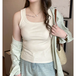 Large Size Cotton Spandex Solid Square Collar Anti-Bacterial Embroidered Camisole Vest Women's Spring Summer Slim-fit High-end