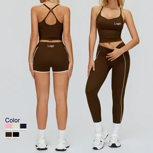Women's Yoga Clothes Set Breathable Seamless Fabric 5-Piece Outdoor Running Pants Contrast Colors Hollowed Back Tops