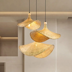 Japanese Zen Style Organic Bamboo Pendant Light Minimalist Handcrafted Woven Lamp for Kitchen Island Bedroom