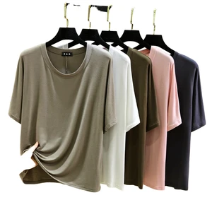 Women's Plus Size Polyester Solid Eco-Friendly Quick Dry T-Shirt Neck Short Sleeve Summer Casual Loose Oversized Bottom Home