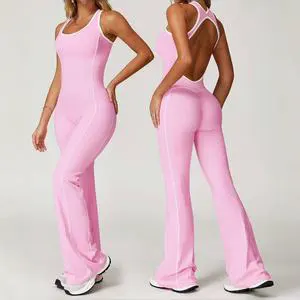 Sports Bodysuit Jumpsuit Beautiful Back Hollow Design Hip Lift Gathered Flare Breathable Spandex/Nylon Full-Length Sleeveless