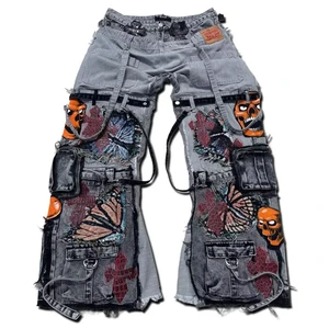 Men's Distressed Cargo Jeans Plus Size PUNK Style Embroidered Butterfly Skull Patch Pocket Loose Fit Mid Waist Cotton Pants
