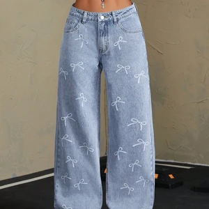 Women's Stylish Bow Print Wide-Leg Denim Jeans with Hole Button Zippers Woven Fabric Straight Casual Style