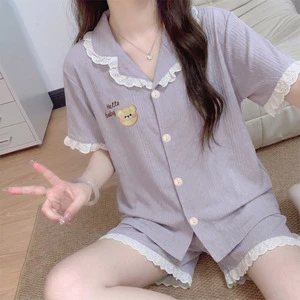 LijiaSummer New Arrivals Womens Short-sleeve Breathable Shorts Pajamas Instagram-style Korean-inspired Cartoon Print Faux Cotton