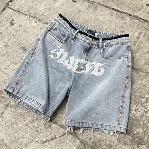 OEM ODM High Quality Custom Distressed Embroidery Logo Vintage Washed Summer Straight Breathable Dark Woven Mid Denim Shorts Men