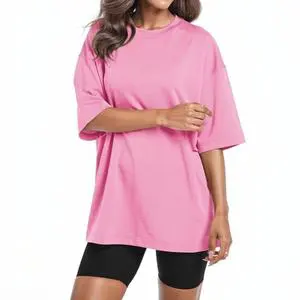 Plus Size Women Oversized T Shirt Pink Crew Neck Three Quarter Sleeve Long Length Solid Color