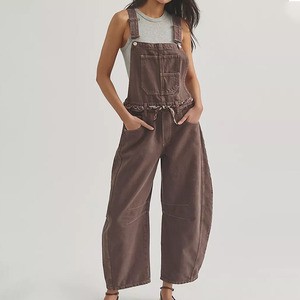 Custom Logo Women's Washed Solid Color Denim Dungarees Wide Leg Bib Overall Casual Loose Fit Jeans Jumpsuit