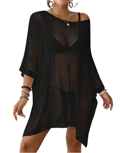 Fashion Women's Sexy Beach Cover-Up Hollow Out Loose Mini Mesh Knit Swimsuit Cover up for Swimwear