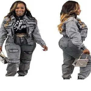 New Casual Suit Stretch Multi-pocket Washed Denim Set for Women