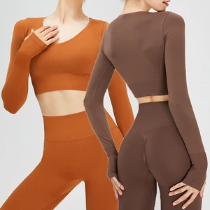 SHINBENE Padded Women V Neck Seamless Knit Yoga Fitness Long Sleeves Cropped Top Shirts