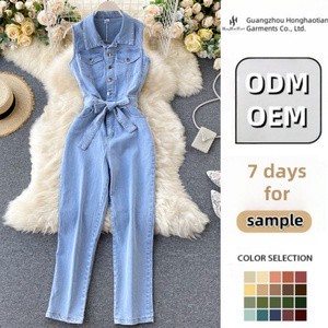 ODM OEM Custom Retro Buckle Ties Waist Straight Wide Leg Pants Denim Woman Jumpsuit