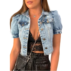 2023 Fashion Custom Blue Frayed Detailing Cropped Hem Washed Women Denim Jean Jacket for Ladies
