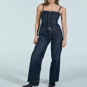 Custom New Autumn Women's Chic Vintage Side Pockets Jeans Jumpsuit High Denim Belt Washed Technique New Chic Fashion Play Suits