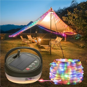 Wholesale Outdoor IP45 Waterproof Portable Solar Rechargeable 2500mAh 10 RGB Camping Lantern Light With 10M 130 LED String Light