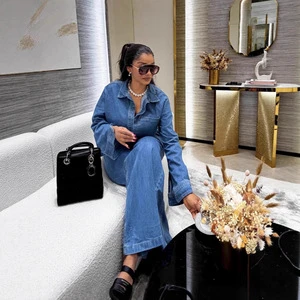 European American Women's Polyester Denim V-neck Casual Suit Long Sleeved Lapel Pocket Top Tie Straight Leg Pants Two-piece Set