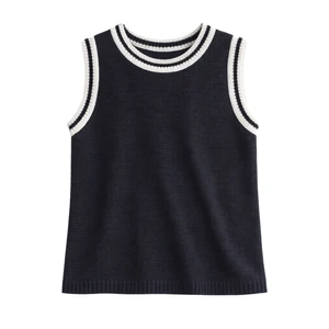 Women Knit Contrast Stitch Tank Top Sleeveless Crew Neck Summer Casual Loose Fit Breathable Fashion Pullover Blouse