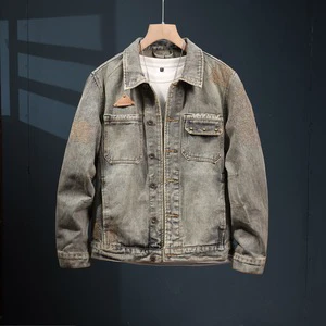 OEM Custom Autumn Men's Denim Jackets & Coats High Quality Cotton Pockets With Zipper Vintage Heavy Washed Jeans Tops