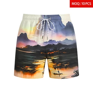 Men's Chinese Ink Wash Landscape Print Board Beach Shorts Swim Trunks Wholesale Custom Logo Mid Drawstring Elastic Quick Dry