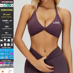 Custom Fabric Style Logo Tight Halter Neck Quick-Drying Yoga Bra Sujetador Deportivo Women Gym Fitness Running Sports Bra