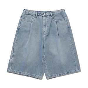 Custom Light Blue Men's Straight Wide Leg Short Jeans High Quality Heavyweight Streetwear Jorts With Printing Design