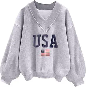 Women's V Neck Oversized USA Sweatshirts Casual Drop Shoulder Long Sleeve Pullover Tops 2025 trendy shirt