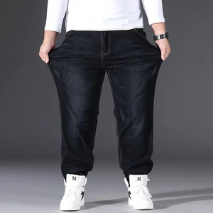 Men Blue Big Large Plus Size Mens Jean Elastic High Waist Man Loose Straight Denim Pants Trousers Jeans