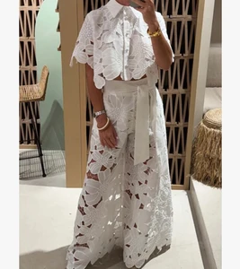 Women Floral Hollow Lace Two Piece Outfit Collar Half Sleeve Crop Shirt Matching High Waist Wide Leg Long Pants Casual Suit