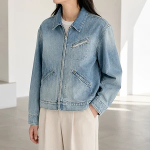 Vintage Distressed Washed Breathable Solid Light Blue Denim Trucker Style Jacket Women Oversized Loose Fit Zip Long Sleeve Coat