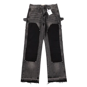 Wholesale Men's Black Cargo Denim Jeans Baggy Flared Wide Leg Pants Washed Technique High Street Fashion for Plus Size Winter