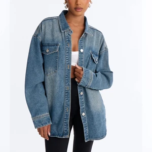 Women Oversized Denim Jacket Vintage Blue Stone Wash Shacket Streetwear Wholesale Loose Fit Outerwear Coat Custom Retro