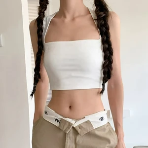 New Arrival INS Style Slash Neck Wide Shoulder Sports Vest Girly Crop Solid Casual Summer White tank Top