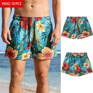 ODM Wholesale Men's Tropical Hibiscus Pattern Woven Breathable Quick Dry Lightweight Elastic Waist Surf Beach Swim Trunks Summer