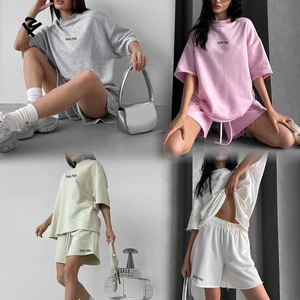 Custom Oversized 2 Piece Tracksuit Half Sleeve Turtleneck T Shirt and Drawstring Shorts Set Streetwear Women Short Outfits