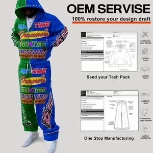 OEM & ODM Clothing Factory Flexible MOQ Rivet Vintage Digital Printing Zipper Tracksuit Hiphop Style Baggy Sweatsuit For Man