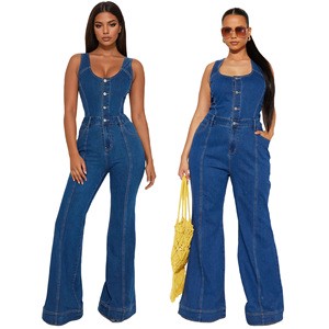 High Quality Fashion Denim Jumpsuits Women Wide Leg Overalls Loose Strap Jumpsuit Women
