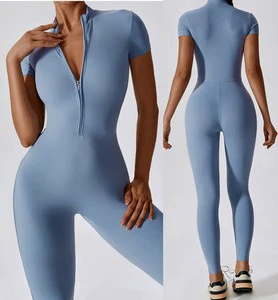 Custom Logo Jumpsuit Wholesale Zipper Bodysuit Sport Wear Outfit Gym Workout Long Romper One-Piece Fitness Women Jumpsuit