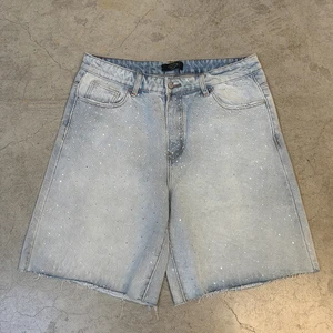 OEM ODM Custom Embroidery logo Vintage Washed Jorts Men's Allover Rhinestone Faded Denim High Quality Raw Edge Jean Shorts