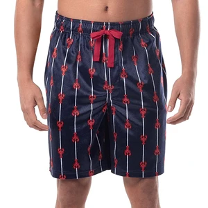 Men's Navy Blue & White Striped Swim Trunks with Red Lobster Pattern: Quick-Dry Beach Shorts with Elastic Drawstring Waist