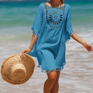Wholesale Cover Ups Plus Size Women Summer Beach Cover up Solid Color Swimsuit Beach Cover up Dresses Hollow Out Beachwear