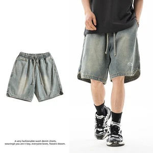 Men's New Fashion Casual Woven Denim Shorts Distressed Mid Waist Straight Style Loose Fit for Summer