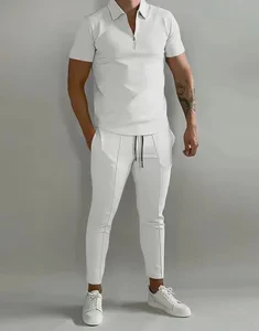 Men's Casual Two-piece Summer Suit with Solid-colored Collar, Short-sleeved, Zipper Pants, Breathable