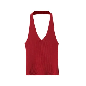Plus Size Women's Knit Halter Tank Top Solid Color V Neck Ribbed Sleeveless Camisole Vest Red