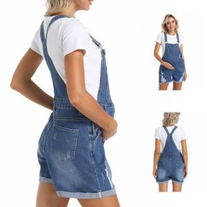 Fashion Women's Casual Summer Breathable Solid Polyester Knitted Regular Fit Above Knee Strap Ripped Roll Hem Denim Overalls