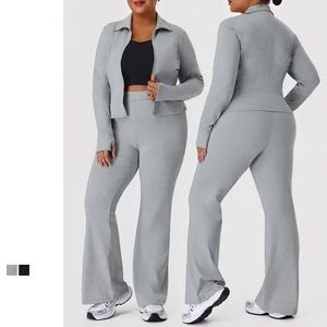 Plus Size Women Wrokout Outfit Pants Yoga Suit Activewear Plus Size Long Sleeve Jacket Gym Fitness Sets