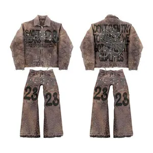 Men's Vintage Denim Jacket and Jeans Set, Embroidery Patchwork Design, Retro Streetwear Outfit, Customizable, Factory Direct