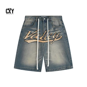 CXY men's Straight Fit Denim Shorts with Hotfix Rhinestones - Soft Durable Vintage Wash Jean Shorts for Summer Casual Wear