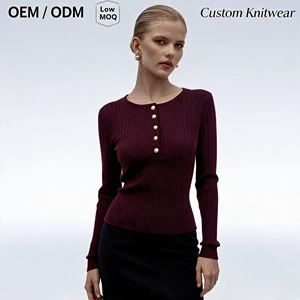 Customized 2025 Autumn Women's Long Sleeve Henley Shirt Casual Ribbed Waist Top Lightweight Fashion Sweater New Series