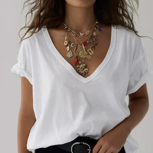 Top Quality Inside Out Plus Size Women V Neck Short Sleeve T Shirt Solid Color Casual Cotton Top Regular Fit White Women T-Shirt