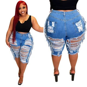 2022 New Arrivals Plus Size Women's Clothing Fashion Solid Color Tassel Denim Sexy Ripped Elastic Plus Size Denim Shorts