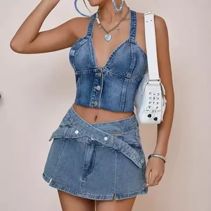 New Arrival High Quality Women's Denim Suit Sexy Suspender Crop Top A-Line Mini Skirt Acid Wash Faded Denim Women's Suit